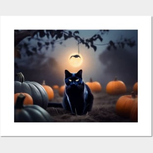 Sleek black cat in a pumpkin patch on Halloween night Posters and Art